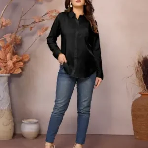 Golden Pure Viscose Collared Neck Hip Length Half Sleeve Shirt For Women ( black, XS )