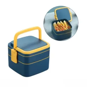 BLUE DOUBLE-LAYER PORTABLE LUNCH BOX STACKABLE WITH CARRYING HANDLE AND SPOON LUNCH BOX , Bento Lunch Box ( blue, Standard ).