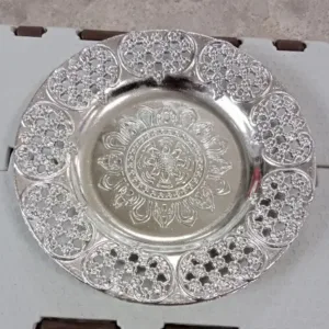 Decorative Silver Ethnic Pooja Thali with Kumkum Holders 8-inch Traditional Festival Thali ( default, Standard ).