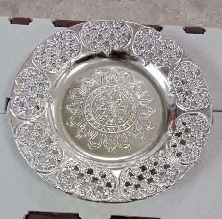 AG1Fc1WtvQsNSYLYcgCpKLfP315tJTDuoJ7WEKWy.webp Decorative Silver Ethnic Pooja Thali with Kumkum Holders 8-inch Traditional Festival Thali ( default, Standard ).