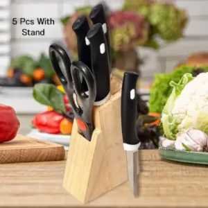 Kitchen Knife Set with Wooden Block & Scissors | 5-Piece Tempered Steel Knife Set (Black) ( default, OS )