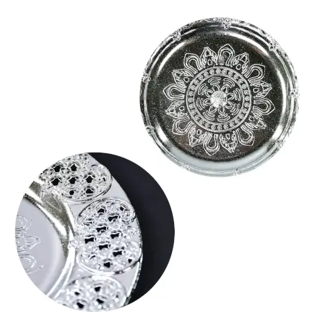 BZgAAvbmkguGqcIBQsIKYdIL2e1YYXat06GftKgN.webp Decorative Silver Ethnic Pooja Thali with Kumkum Holders 8-inch Traditional Festival Thali ( default, Standard ).