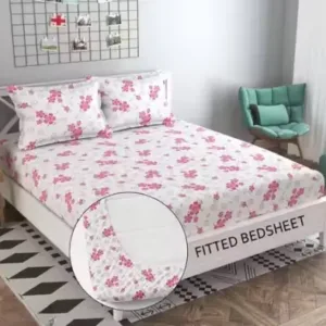 Floral Cotton Fitted Bedsheet – Single Size with 2 Pillow Covers ( default, Standard )