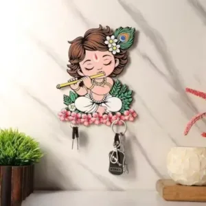 Premium Little Krishna Wooden Wall Key Holder – Multicolor Decorative Organizer ( default, Standard )