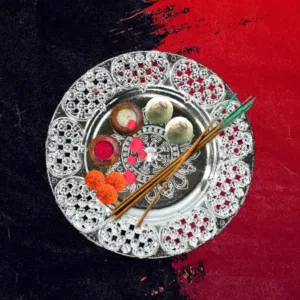 Decorative Silver Ethnic Pooja Thali with Kumkum Holders 8-inch Traditional Festival Thali ( default, Standard ).