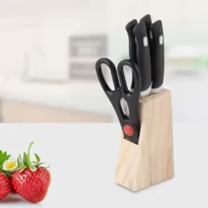Kitchen Knife Set with Wooden Block & Scissors | 5-Piece Tempered Steel Knife Set (Black) ( default, OS )