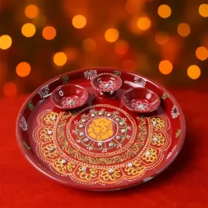 Hand-painted decorative pooja thali with ganesha motif and diyas traditional festive design (1 pc) description: ( default, OS ).